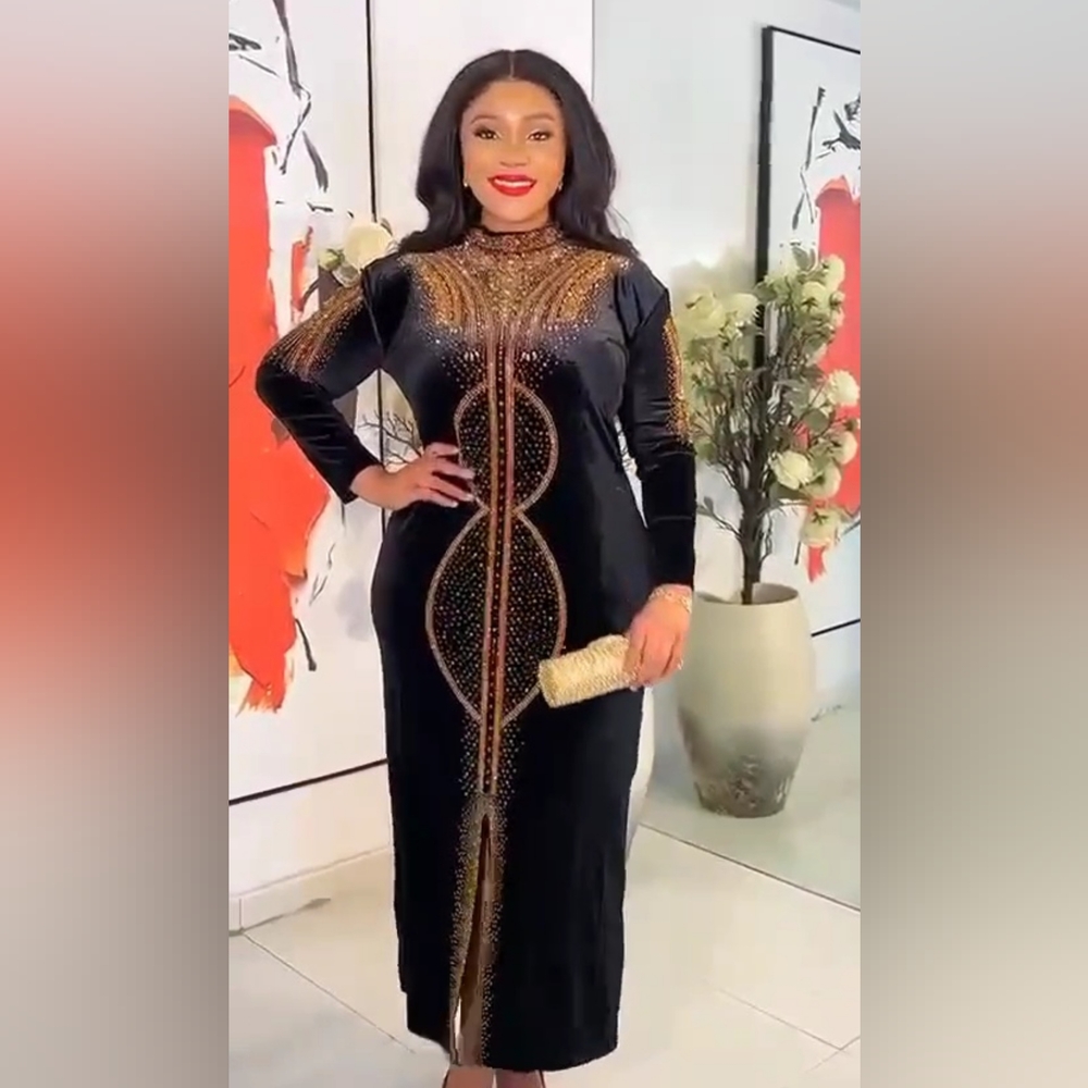F001 - GORGEOUS STONE STUDDED BLACK VELVET DRESS